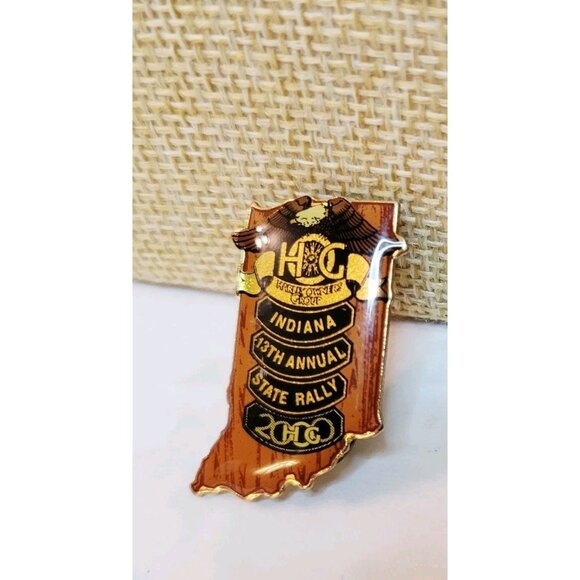 2 Vtg Harley Indiana Motorcycle 13th and 14th State Rally Label Pins - Picture 2 of 4